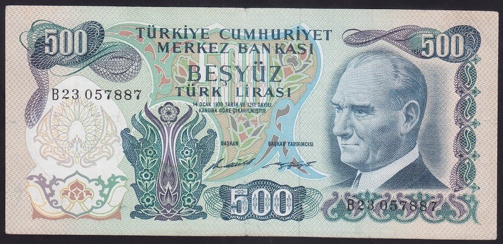 6.EMİSYON 1.TERTİP 500 LİRA B23 057887 ÇOK TEMİZ  ( DÜZLENMİŞ )