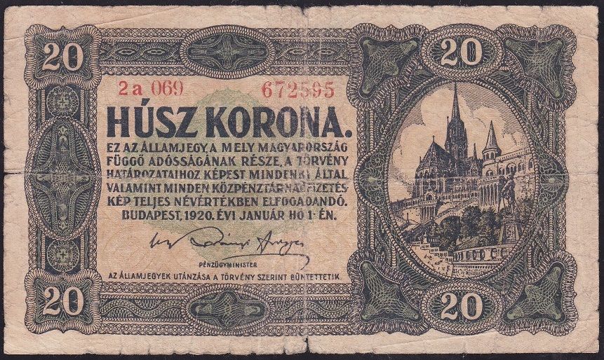 Macaristan 20 Korona 1920 Temiz Pick 61