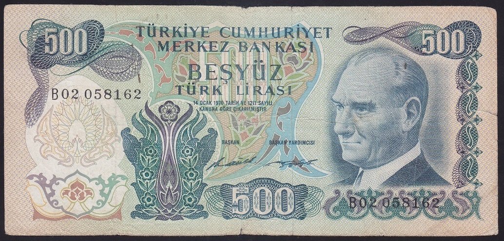 6.EMİSYON 1.TERTİP 500 LİRA B02 058162 TEMİZ