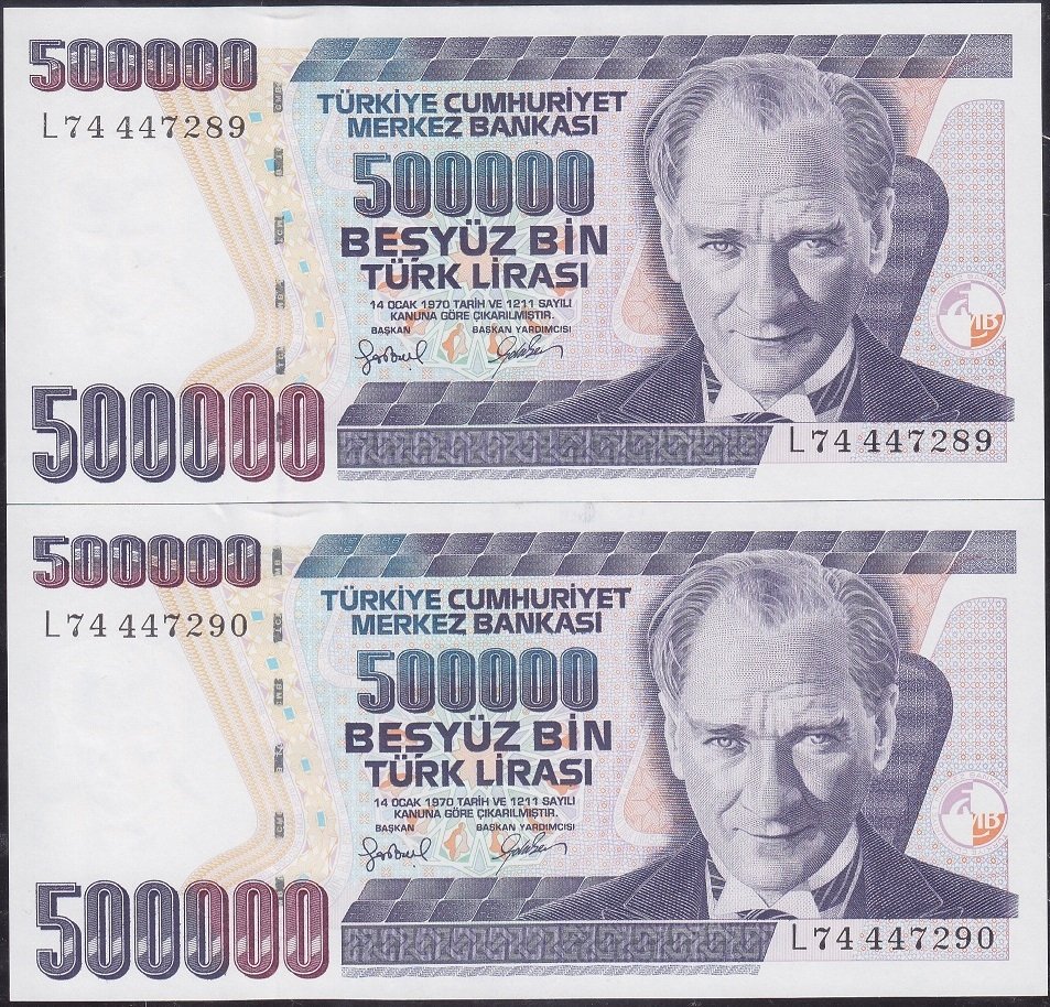 7.Emisyon 4.Tertip 500000 Lira L74 447289-90 Çil Seri Takipli