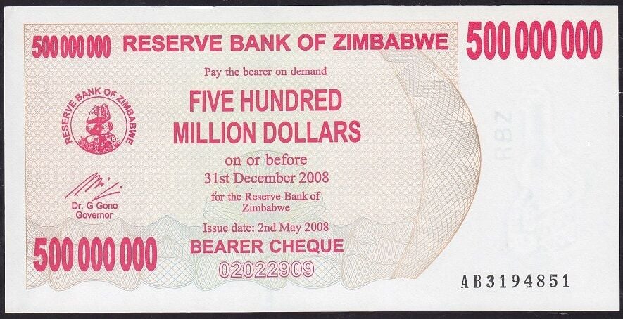 Zimbabwe 500000000 Dolar 2008 Çilaltı Çil AB - Pick 60