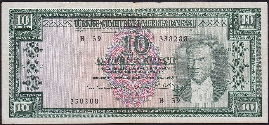 5.Emisyon 6.Tertip 10 Lira B39 338288 Çok Temiz+