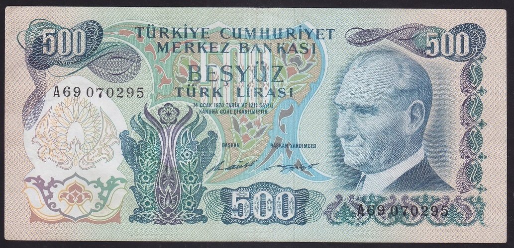 6.EMİSYON 1.TERTİP 500 LİRA A69 070295 ÇOK ÇOK TEMİZ (DÜZLENMİŞ)