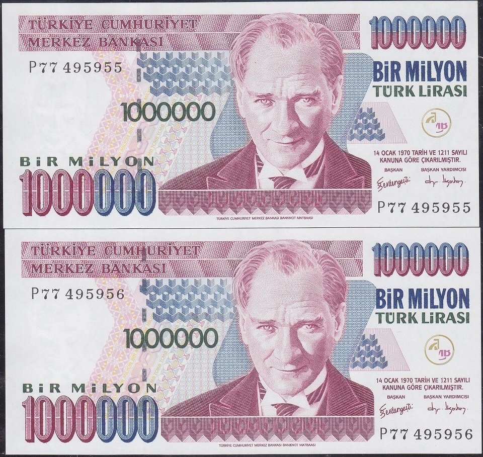 7.Emisyon 3.Tertip 1 000 000 Lira P77 495955-56 Çil Seri Takipli