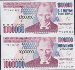 7.Emisyon 3.Tertip 1 000 000 Lira P77 495955-56 Çil Seri Takipli
