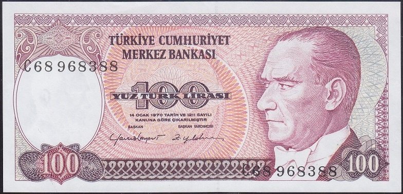 7.Emisyon 1.Tertip 100 Lira C68 968388 Çilaltı Çil