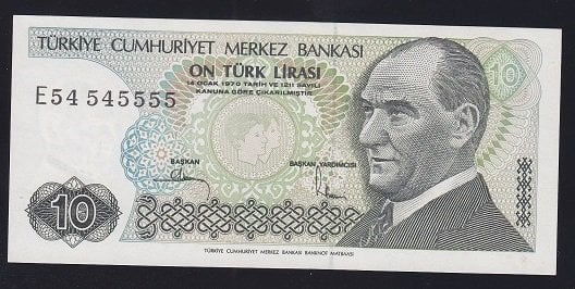 7.EMİSYON 2.TERTİP 10 LİRA E54 545555 ÇİLALTI ÇİL