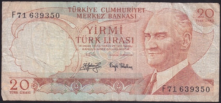 6.EMİSYON 3.TERTİP 20 LİRA F71 639350 TEMİZ