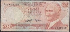 6.EMİSYON 3.TERTİP 20 LİRA F71 639350 TEMİZ