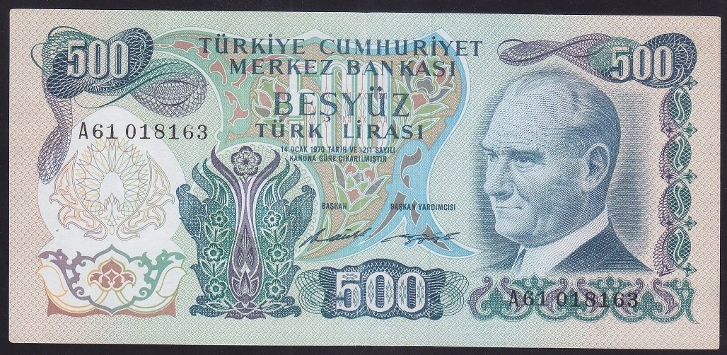 6.EMİSYON 1.TERTİP 500 LİRA A61 018163 ÇOK ÇOK TEMİZ (DÜZLENMİŞ)