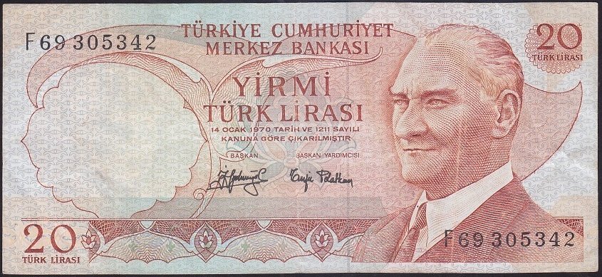 6.EMİSYON 3.TERTİP 20 LİRA F69 305342 ÇOK TEMİZ +