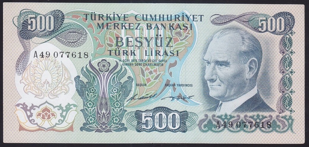 6.EMİSYON 1.TERTİP 500 LİRA A49 077618 ÇOK ÇOK TEMİZ (DÜZLENMİŞ)