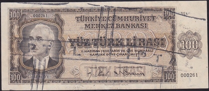 3.EMİSYON 100 LİRA D1 000261 İPTAL KAŞELİ ÇÇT   (İLK BİN PARASI VE AYRICA NUMARADA BASKI EKSİKLİĞİ ERÖRÜ VARDIR) eski para