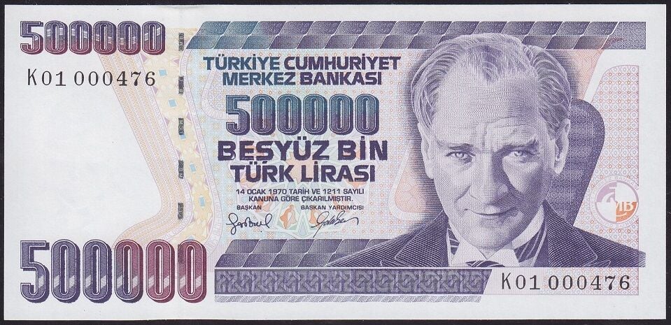 7.Emisyon 4.Tertip 500000 Lira K01 000476 Çil İlk Binde
