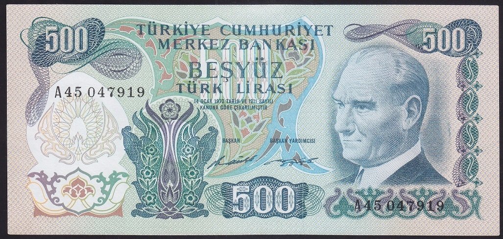 6.EMİSYON 1.TERTİP 500 LİRA A45 047919 ÇOK ÇOK TEMİZ (DÜZLENMİŞ)