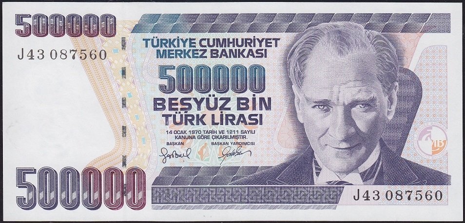 7.Emisyon 4.Tertip 500000 Lira J43 087560 Çilaltı ( bandrol baskı izleri var )