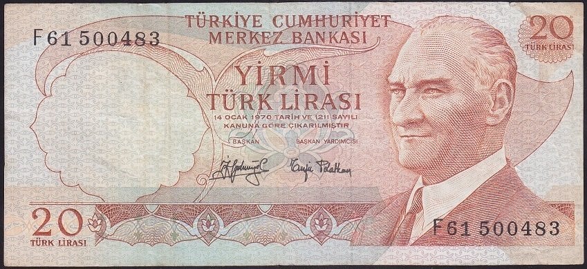 6.EMİSYON 3.TERTİP 20 LİRA F61 500483 ÇOK TEMİZ