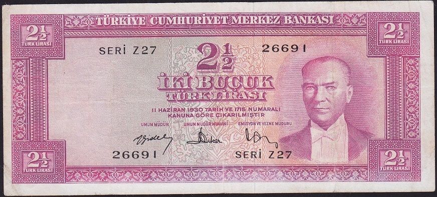 5.Emisyon 3.Tertip 2.5 Lira Z27 26691 Çok Temiz+ ( Düzeltme var )