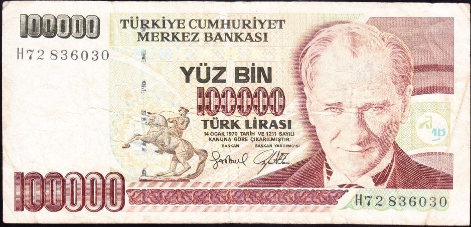 7.Emisyon 3.Tertip 100000 Lira H72 836030 Çok Temiz