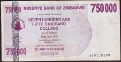 Zimbabwe 750.000 Dolar 2008 Çok Temiz+
