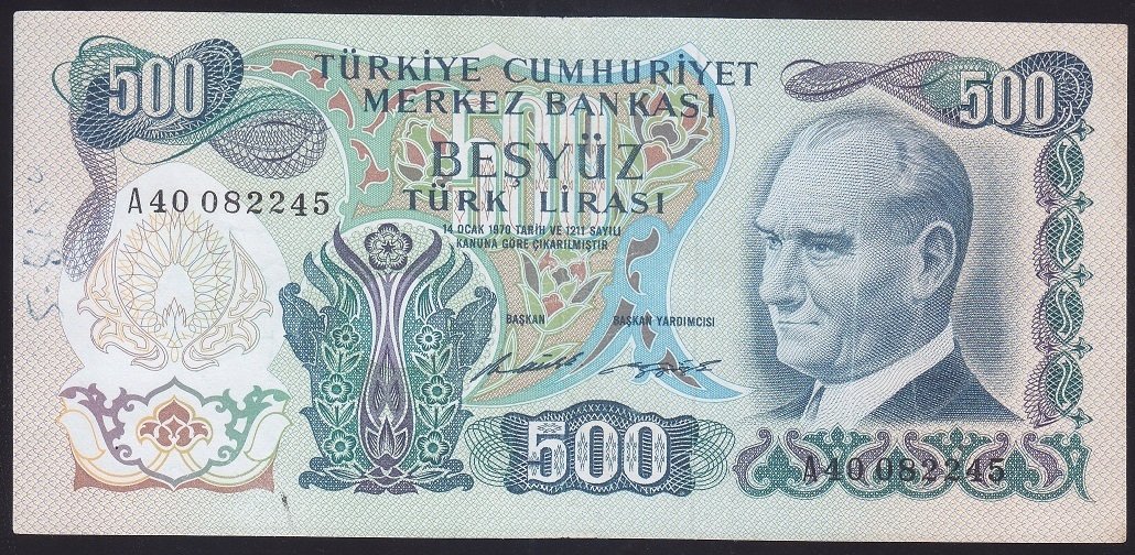 6.EMİSYON 1.TERTİP 500 LİRA A40 082245 ÇOK TEMİZ (DÜZLENMİŞ)