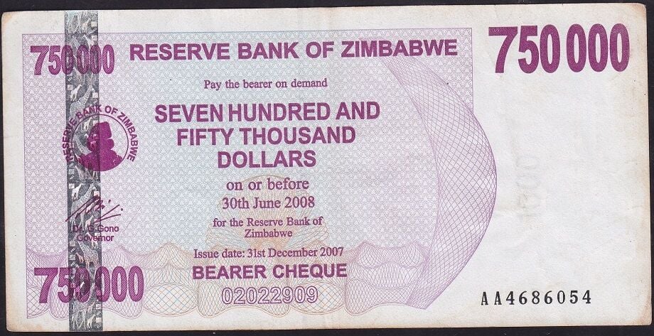 Zimbabwe 750.000 Dolar 2008 Çok Temiz+ ( AA )