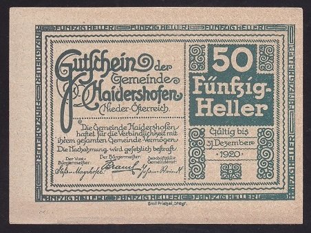 AVUSTURYA 50 HELLER NOTGELD 1920 ÇİL