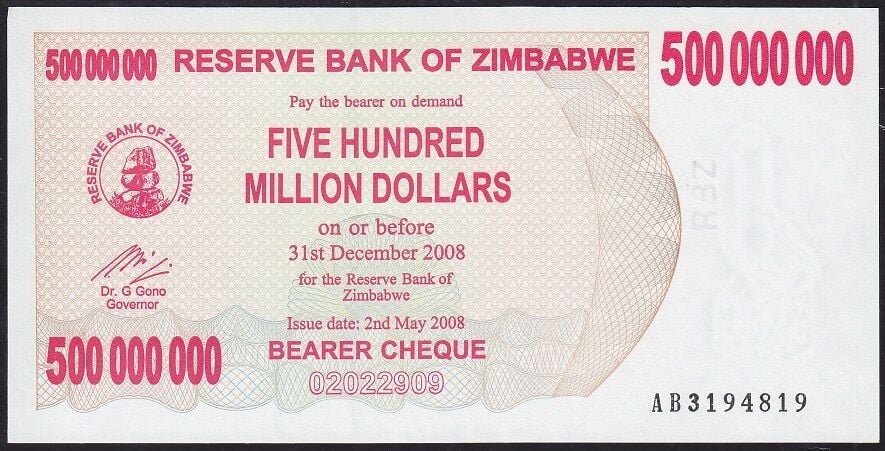 Zimbabwe 500000000 Dolar 2008 Çilaltı  Çil AB - Pick 60