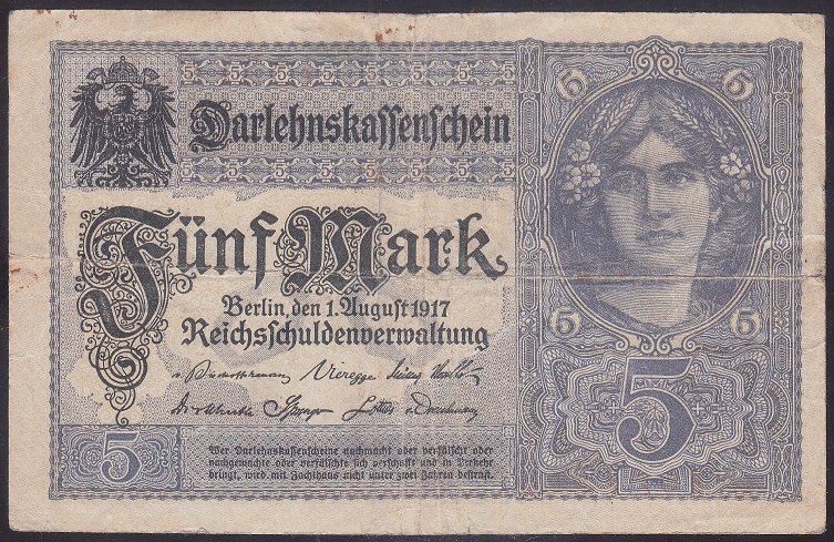 ALMANYA 5 MARK 1917 ÇOK TEMİZ eski kağıt para satan yerler