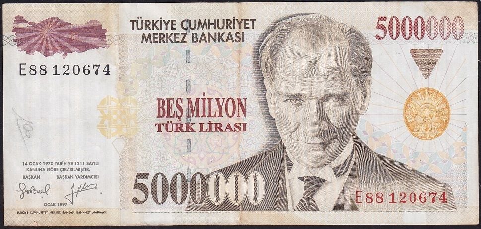 7.Emisyon 5 000 000 Lira E88 120674 Çok Temiz+
