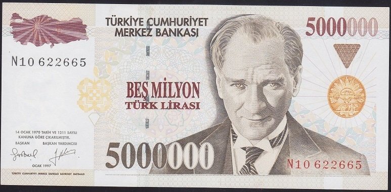 7.EMİSYON 5 000 000 LİRA N10 622665 ÇİL eski kağıt para değerleri