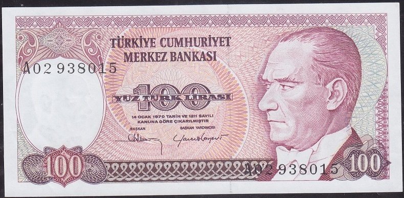 7.Emisyon 1.Tertip 100 Lira A02 938015 Çilaltı