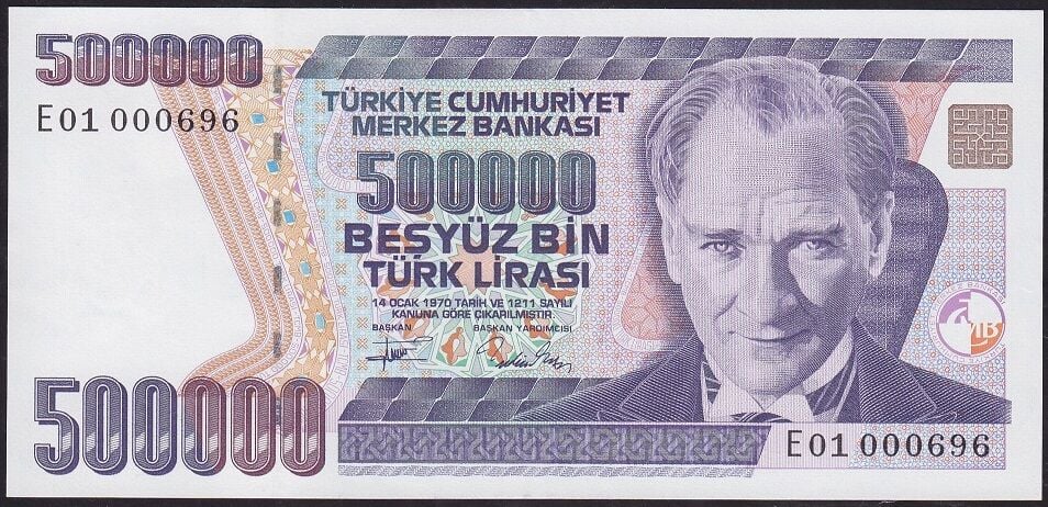 7.Emisyon 3.Tertip 500000 Lira E01 000696 Çilaltı Çil İlk Bin Parası