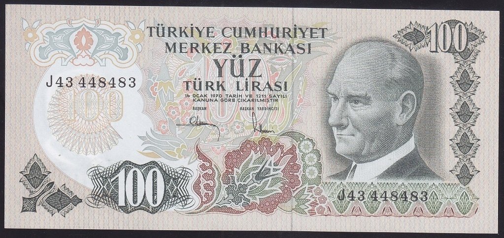 6.EMİSYON 3.TERTİP 100 LİRA J43 448483 ÇİL eski kağıt para değerleri