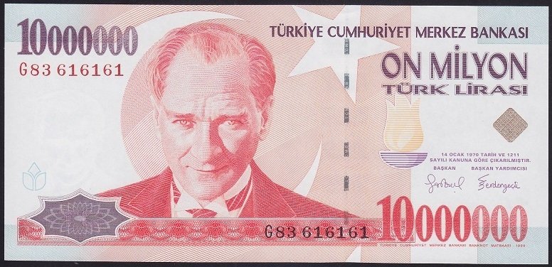 7.EMİSYON 10 000 000 LİRA G83 616161 ÇİL eski para mezat