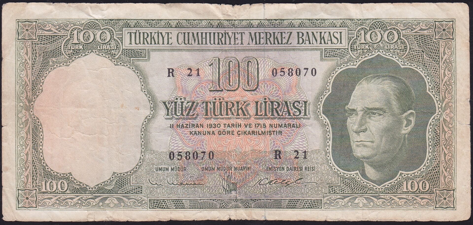 5.Emisyon 4.Tertip 100 Lira R21 058070 Temiz+