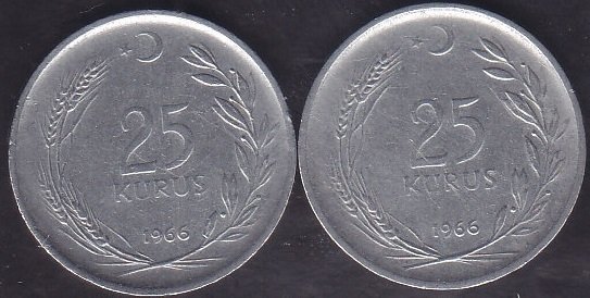 1966 Yılı 25 Kuruş Çok Temiz (Ters Düz Takım )