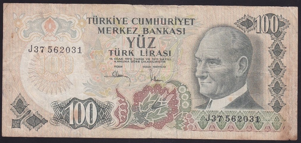 6.EMİSYON 3.TERTİP 100 LİRA J37 562031 TEMİZ