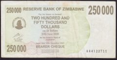 ZİMBABWE 250000 DOLAR 2007 ÇOK TEMİZ