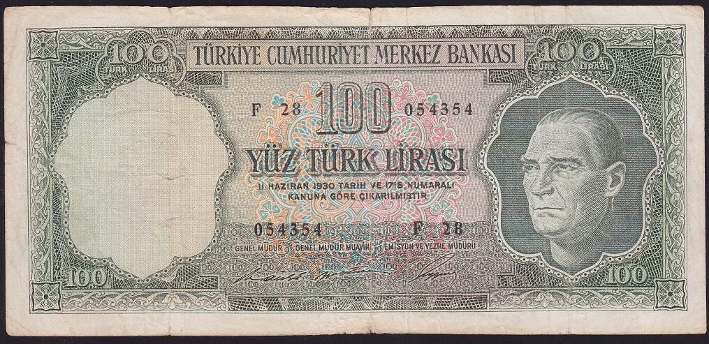5.Emisyon 6.Tertip 100 Lira F28 054354 Temiz
