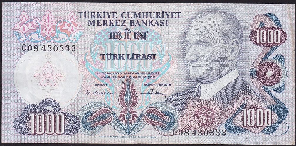 6.Emisyon 1.Tertip 1000 Lira C08 430333 Çok Temiz+