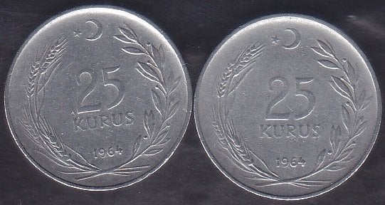 1964 Yılı 25 Kuruş Çok Temiz (Ters Düz Takım )