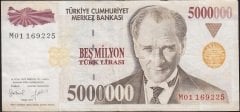 7.Emisyon 5 000 000 Lira M01 169225 Çok Temiz