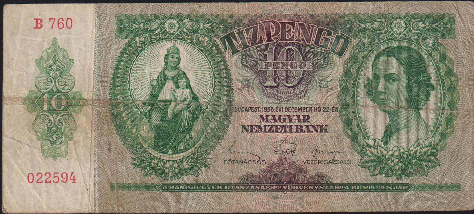 Macaristan 10 Pengo 1936 Çok Temiz