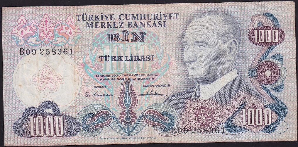 6.Emisyon 1.Tertip 1000 Lira B09 258361 Temiz