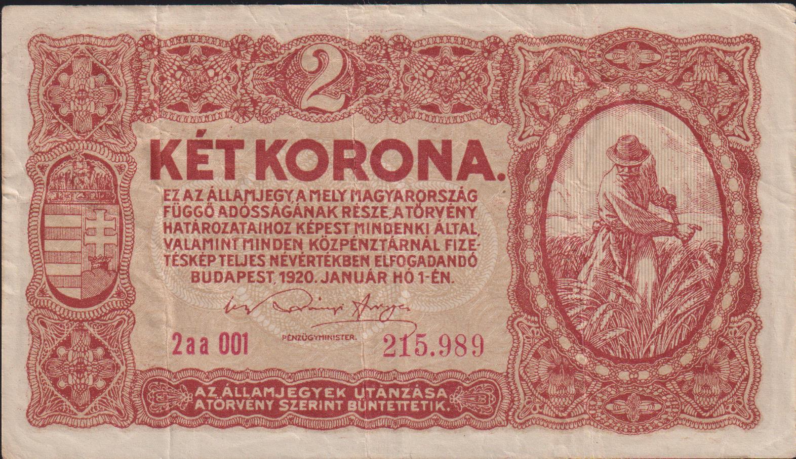 Macaristan 2 Korona 1920 Çok Temiz