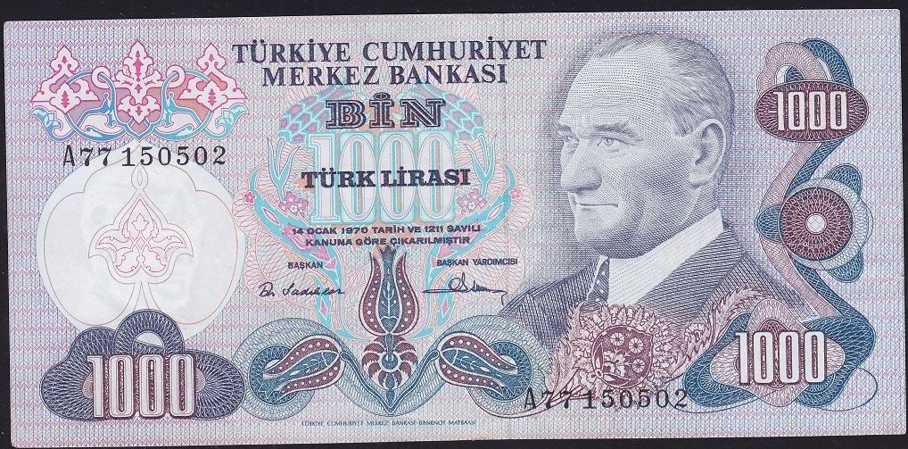 6.Emisyon 1.Tertip 1000 Lira A77 150502 Çok Çok Temiz+