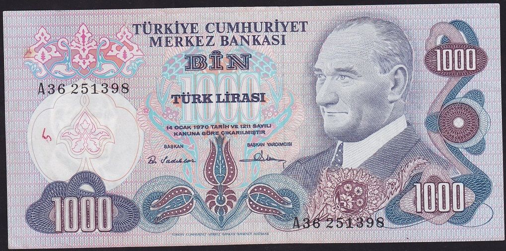 6.Emisyon 1.Tertip 1000 Lira A36 251398 Çok Temiz+