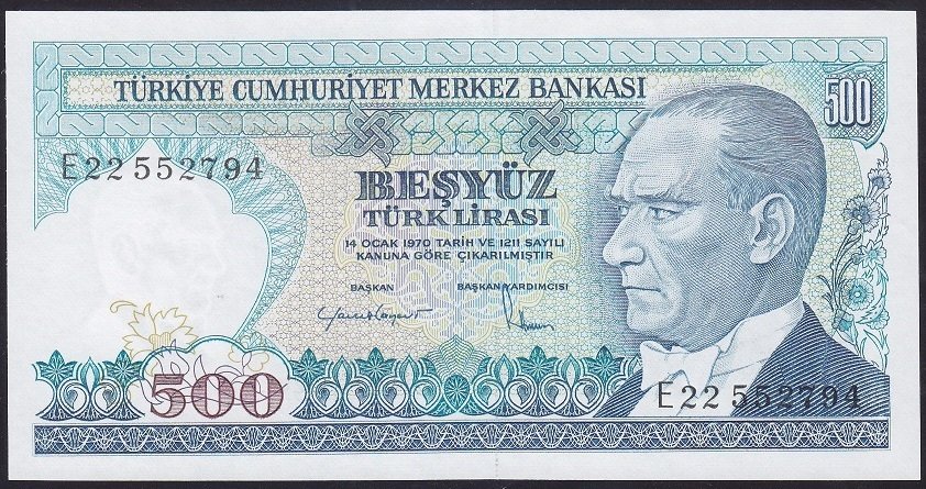 7.EMİSYON 2.TERTİP 500 LİRA E22 552794 ÇİL