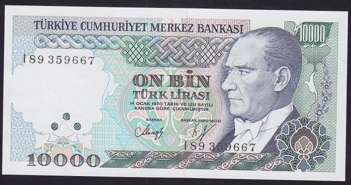 7.EMİSYON 4.TERTİP 10000 LİRA I89 359667 ÇİL(kulakta sayma kırığı var)